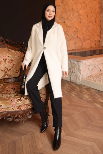 Krem Tek Düğmeli Angora Yumoş Triko Hırka