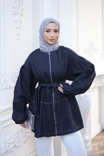 Lacivert Balon Kol Fermuarlı Oversize Kot Ceket