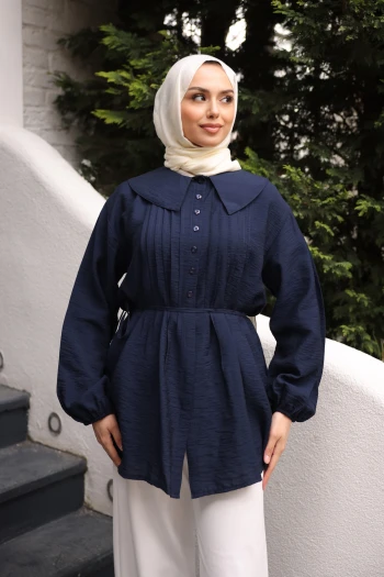 Lacivert Bebe Yaka Bel Bağlamalı Gömlek