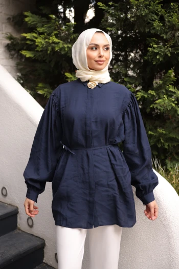 Lacivert Bel Bağlamalı Broşlu Modal Tunik