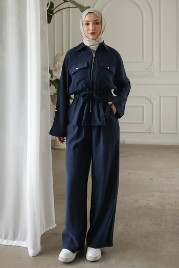 Lacivert Bel Bağlamalı Ceket Pantolonlu Takım