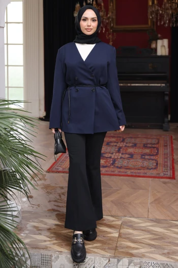 Lacivert Bel Bağlamalı Düğmeli Ceket