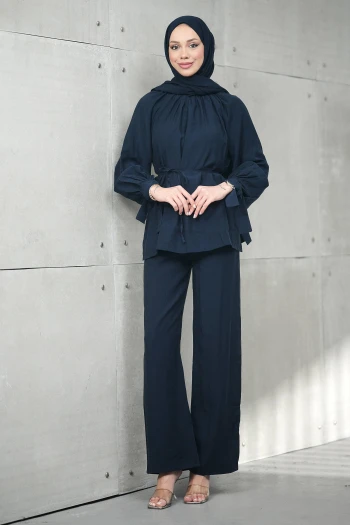 Lacivert Bel Bağlamalı Tunik Pantolonlu Tensel Takım
