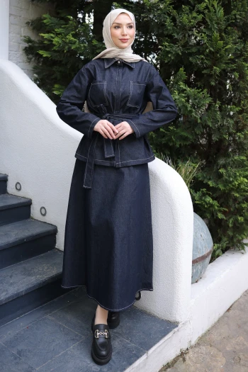 Lacivert Bel Kuşaklı Çift Cepli Ceket Etekli Takım