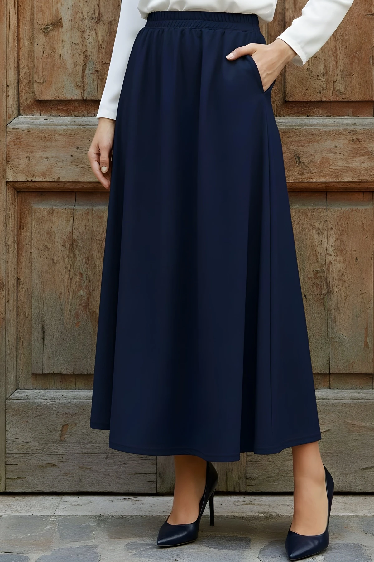 Lacivert Bel Lastikli Cepli Kloş Etek