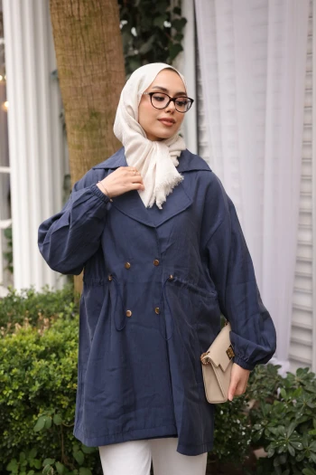 Lacivert Bel Lastikli Kruvaze Yaka Ceket