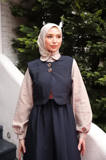 Lacivert Bel Lastikli Yelek Kombinli Elbise Takım