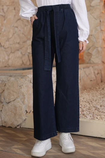 Lacivert Beli Kuşaklı Bol Paça Kot Pantolon