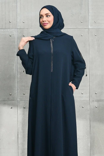 Lacivert Bisiklet Yaka Taşlı Fermuarlı Ferace