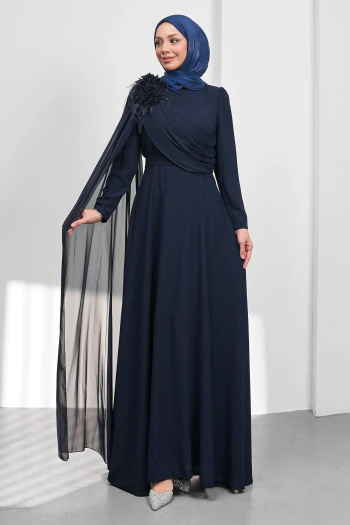 Lacivert Çiçek Detaylı Kemerli Abiye