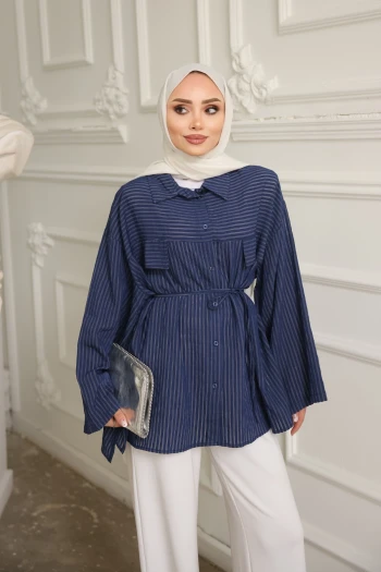 Lacivert Çizgili Oversize İp Bağlamalı Gömlek
