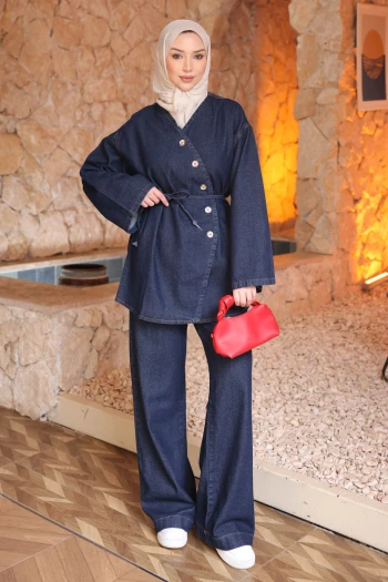 Lacivert Düğmeli Ceket Pantolonlu Kot Takım