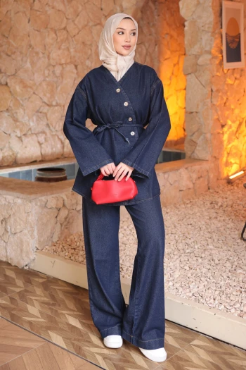 Lacivert Düğmeli Ceket Pantolonlu Kot Takım