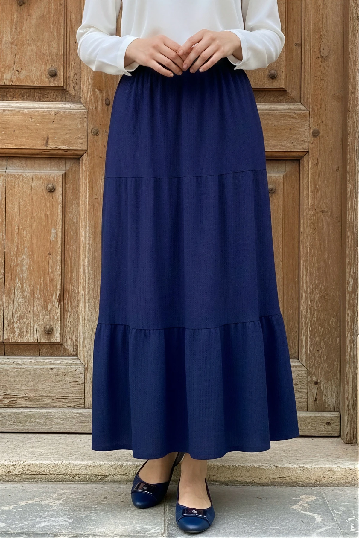 Lacivert Eteği Katlı Bel Lastikli Bürümcük Etek