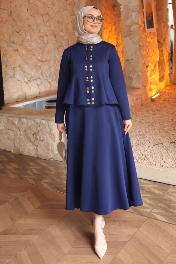 Lacivert Eteği Volanlı Bluz Etekli Scuba Takım