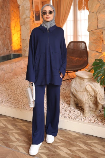 Lacivert Fermuarlı Tunik Pantolonlu Modal Takım