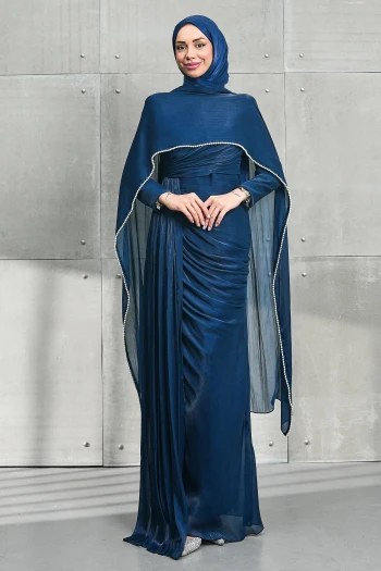 Lacivert İnci Pelerinli Önü Büzgülü Abiye