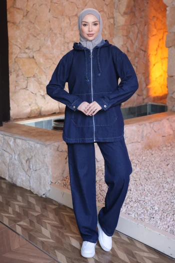 Lacivert Kapşonlu Cepli Kot Ceket Pantolonlu Takım