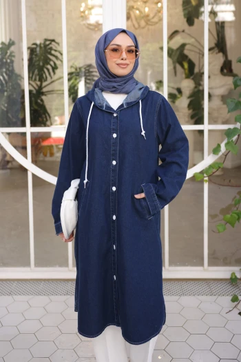 Lacivert Kapşonlu Cepli Kot Kap