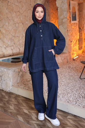 Lacivert Kapşonlu Kol Lastikli Tunik Pantolonlu Kot Takım