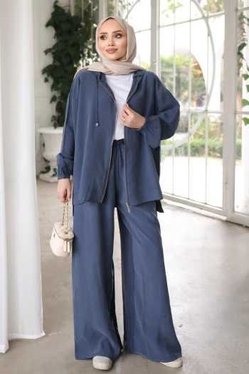 Lacivert Kapüşonlu Bol Paça Ceket Pantolonlu Takım