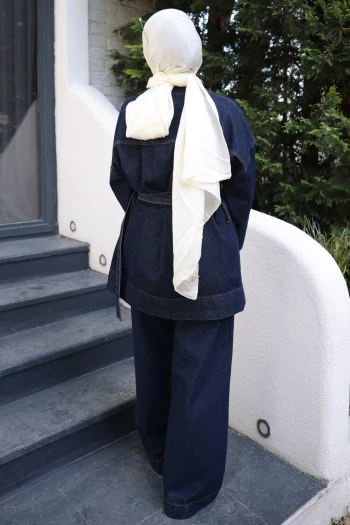 Lacivert Kemerli Kot Ceket Pantolonlu Takım