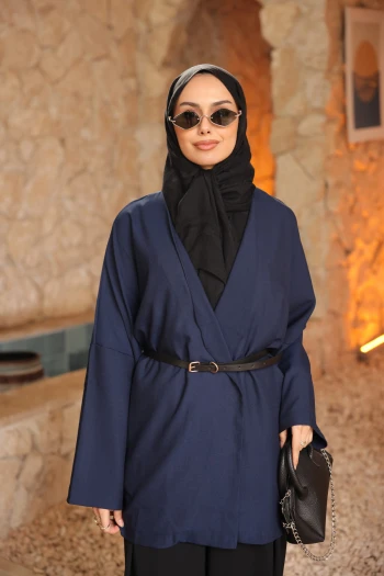 Lacivert Kemerli Kruvaze Yaka Salaş Ceket