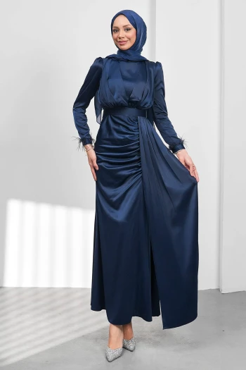 Lacivert Kemerli Önü Drapeli Balık Model Saten Abiye