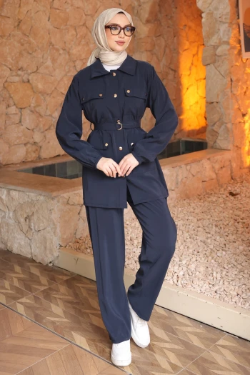 Lacivert Kemerli Tunik Pantolonlu Modal Takım
