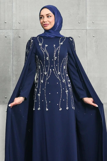 Lacivert Kolları Pelerinli Taşlı Abiye