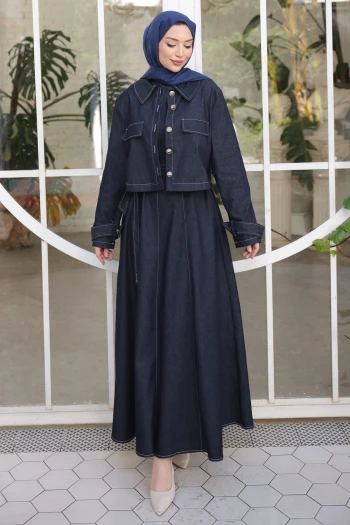 Lacivert Kot Ceket Elbise İkili Kombin Takım