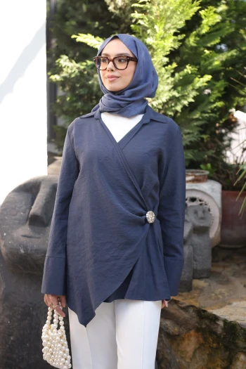 Lacivert Kruvaze Yaka Bel Detaylı Tunik