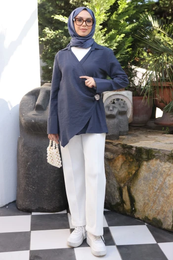 Lacivert Kruvaze Yaka Bel Detaylı Tunik