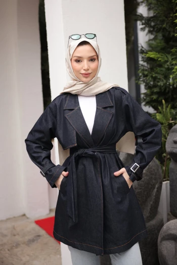 Lacivert Kruvaze Yaka Cepli Kuşaklı Ceket