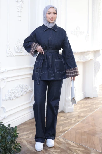 Lacivert Kuşaklı Ceket Pantolonlu Kot Takım