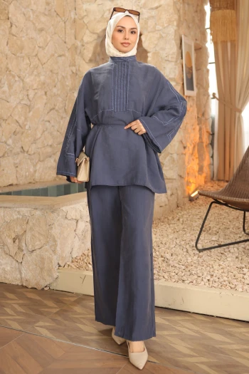Lacivert Nakışlı Bel İpli Tunik Pantolonlu Takım