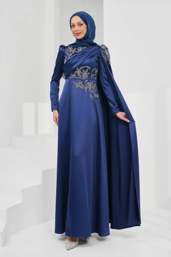 Lacivert Omuz Pelerrinli Taşlı Saten Abiye