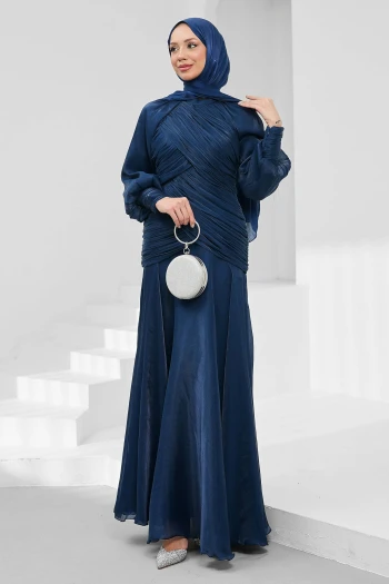 Lacivert Önü Drapeli Balon Kol Işıltılı Abiye