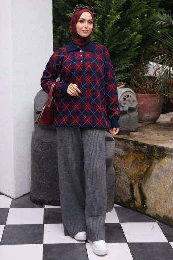 Lacivert Polo Yaka Baklava Desenli Triko Kazak