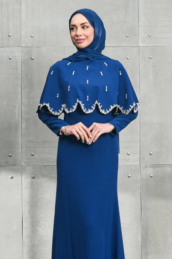 Lacivert Seyyar Pelerinli Taşlı Balık Model Abiye