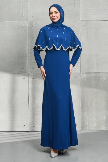 Lacivert Seyyar Pelerinli Taşlı Balık Model Abiye