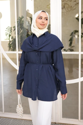 Lacivert Soft Dokulu Oversize Modal Gömlek