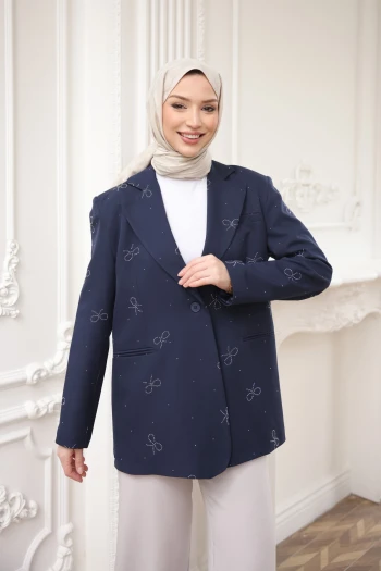 Lacivert Taş Detaylı Astarlı Ceket