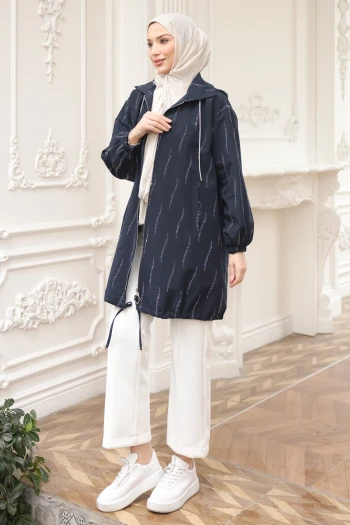 Lacivert Taş İşlemeli Fermuarlı Kap