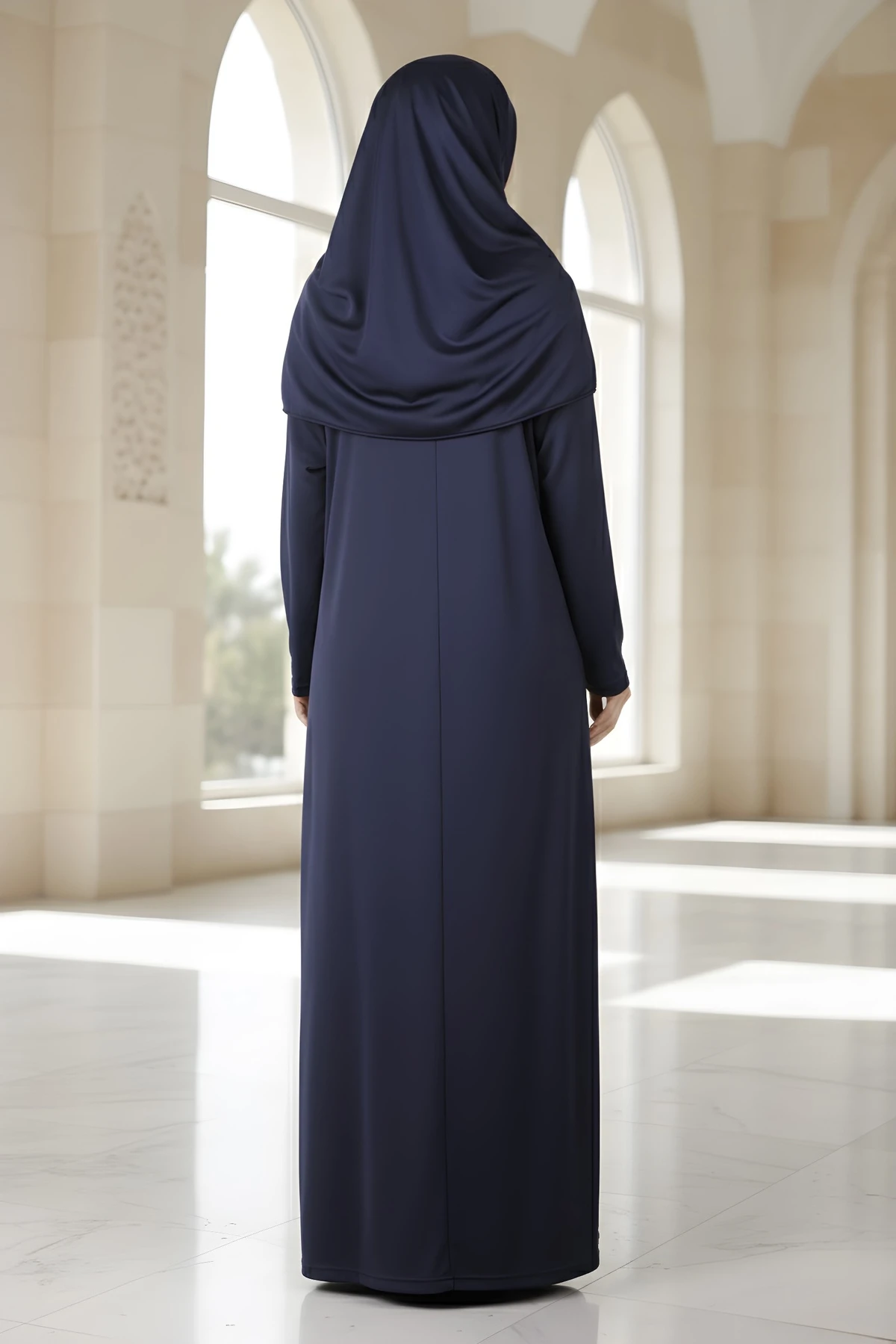 Lacivert Kolay Giyilebilen Başörtülü Tek Parça Namaz Elbisesi