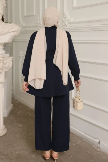 Lacivert Yaka Taşlı Tunik Pantolonlu Takım