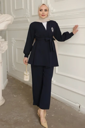 Lacivert Yaka Taşlı Tunik Pantolonlu Takım