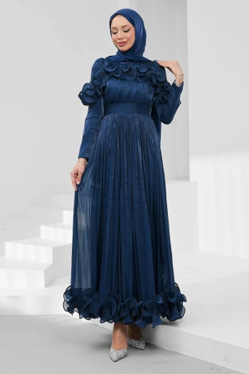 Lacivert Yaka Ve Etek Ucu Fırfırlı Işıltılı Abiye
