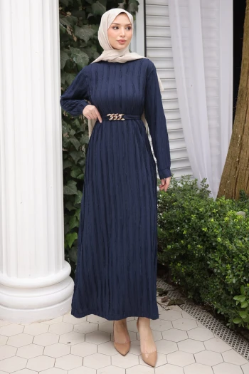 Lacivert Zincir Kemerli Fırfırlı Gofre Elbise