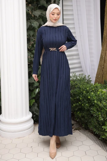 Lacivert Zincir Kemerli Fırfırlı Gofre Elbise